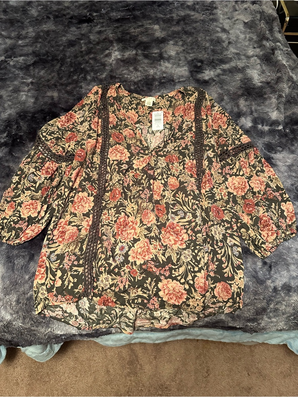 Torrid Floral V-Neck Peasant Blouse - Black with Pink Flowers